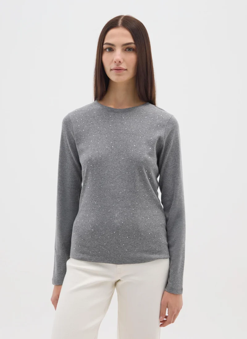 او في اس OVS Grey Long-Sleeve Regular Fit Pure Cotton Top With Rhinestones